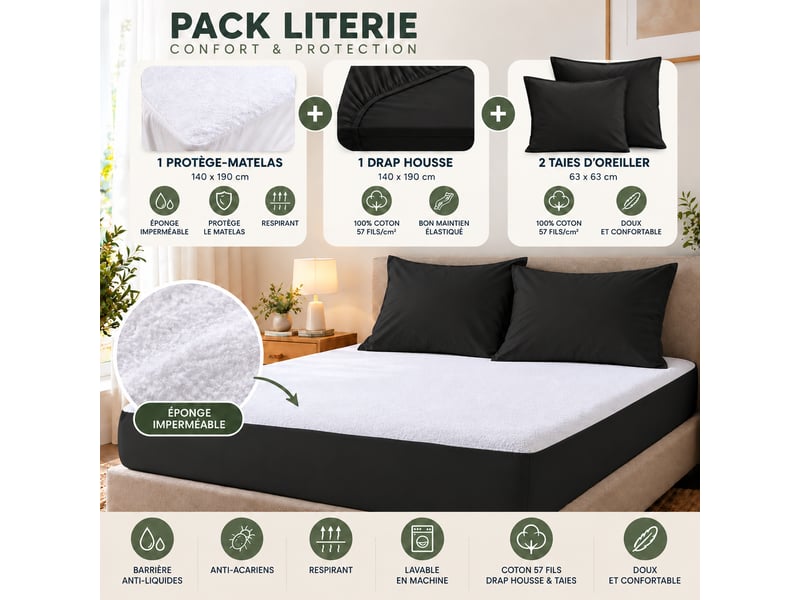  Pack literie protège matelas 140x190 imperméable + drap housse + 2 taies noir  - Conforama B