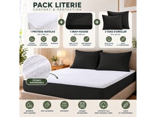Pack literie protège matelas 140x190 imperméable + drap housse + 2 taies noir