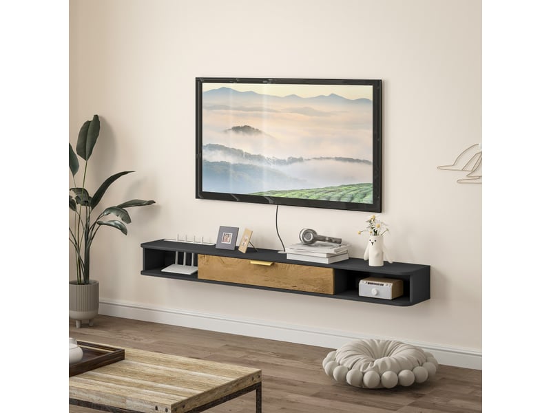  Meuble tv aruelelle suspendu design niches porte relevable gris charbon  - Conforama B