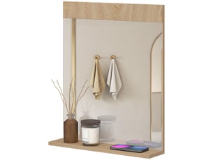 Miroir de salle de bain mural avec étagère ouverte, miroir d'entrée, 50 x 12 x 60 cm, chêne