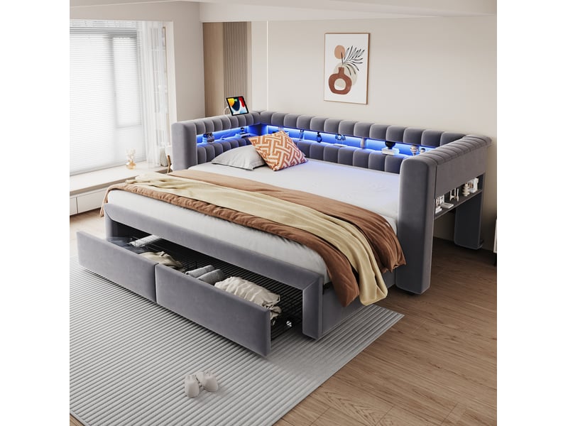  Lit gigogne 90 x 190 cm extensible 180 x 190 cm gris foncé en velours, rangement led et ports usb type-c  - Conforama B