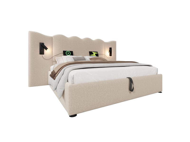  Lit double 160x200 cm avec matelas, lampe de lecture, ports usb-c, coffre de rangement, sommier boismétal, lin  - Conforama A
