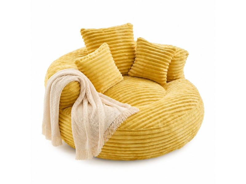  Pouf fauteuil 108x108x52 cm dossier haut 3 coussins velours côtelé jaune moutarde  - Conforama A