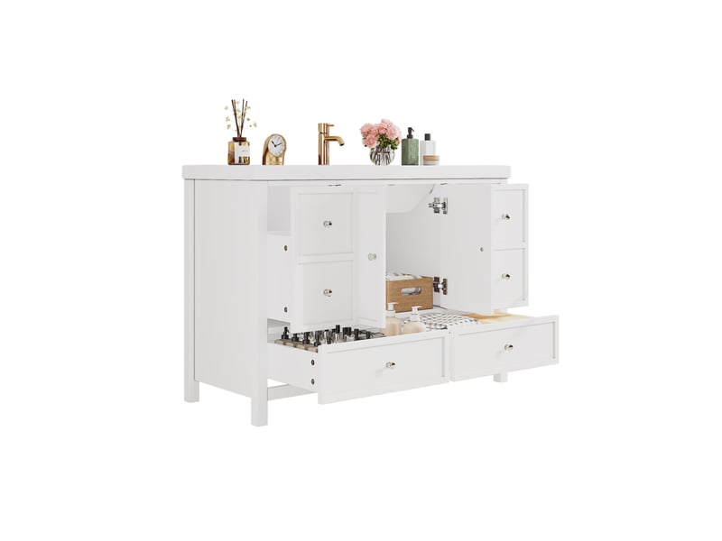  Meuble rangement armoire tiroirs portes 120 cm mdf blanc lavabo resine sur pied homvra  - Conforama A