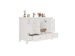 Meuble rangement armoire tiroirs portes 120 cm mdf blanc lavabo resine sur pied homvra
