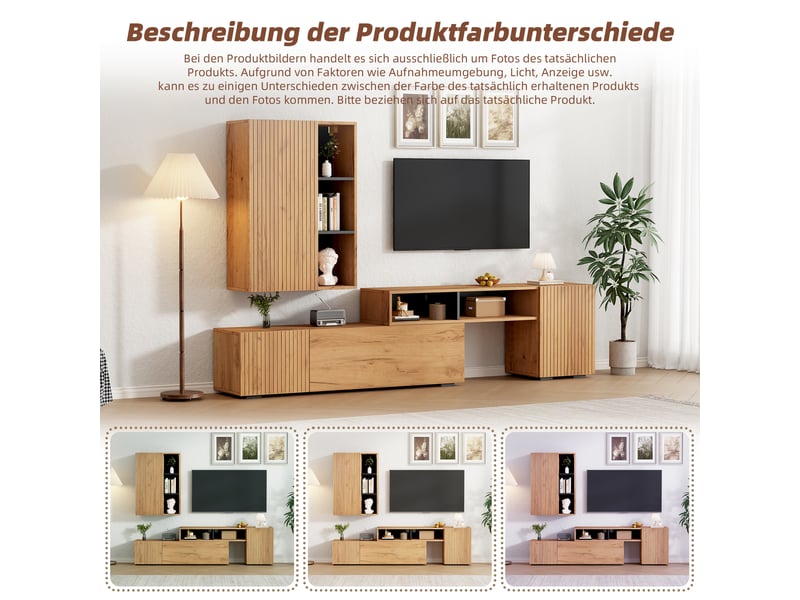  Ensemble tv 2 pièces bois et noir, extensible à 265 cm, tv 120 pouces, panneaux de particules, vitrine et rangements  - Conforama E