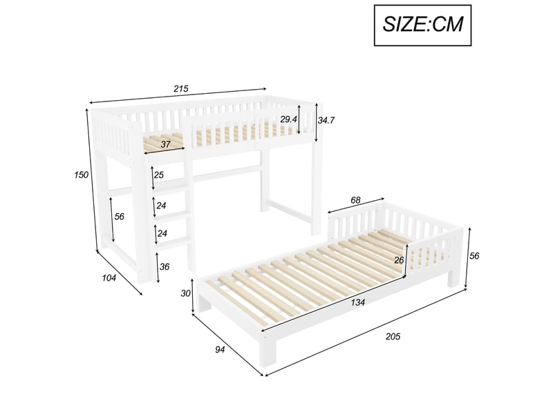  Lit superposé enfant 90 × 200 cm modulable avec lit simple, garde-corps, bords arrondis et sommier à lattes blanc  - Conforama C