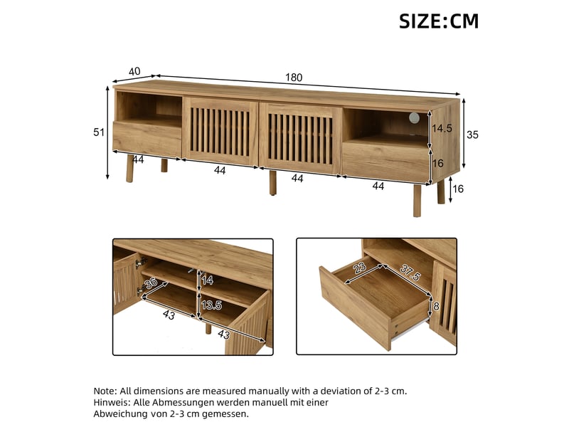  Meuble tv 180x40x51 cm avec 2 portes à grille et 2 tiroirs de rangement en mdf, coloris bois naturel, design simple  - Conforama C