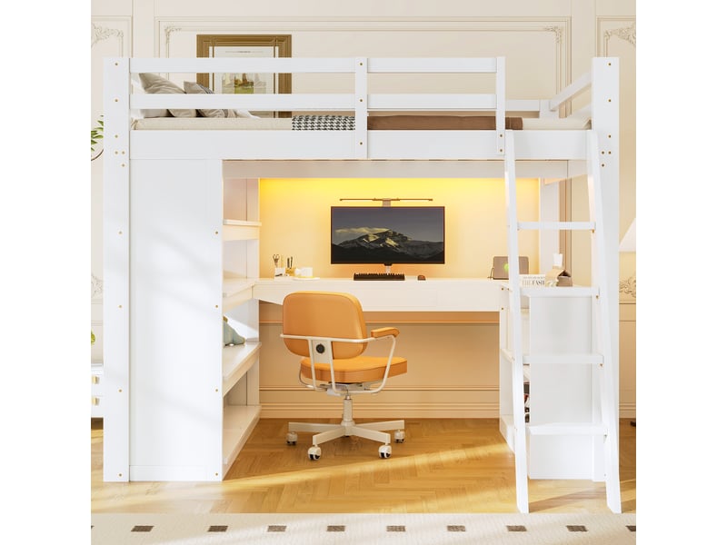 Lit mezzanine 140x200 cm avec bureau intégré, tiroir, étagères de rangement, éclairage led et port usb, espace de travail - blanc - Conforama D
