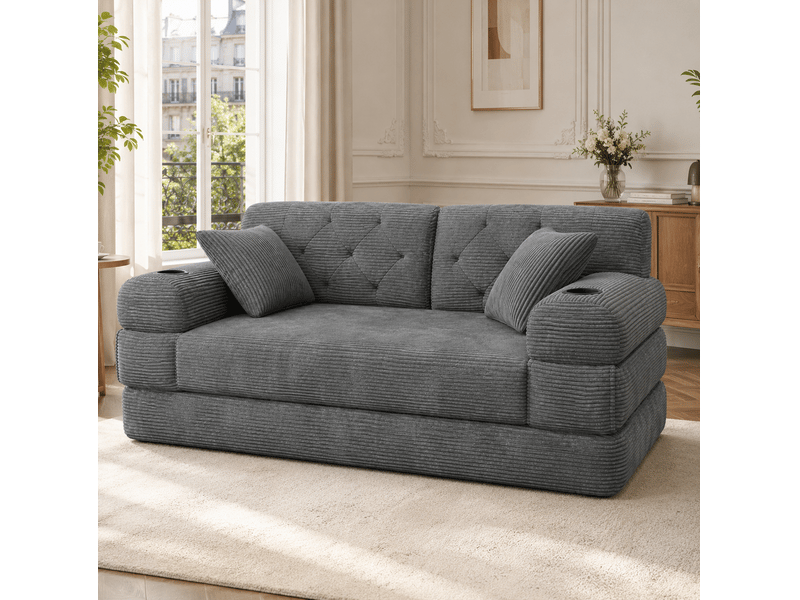  Canapé convertible 2 places en velours côtelé avec 4 poches, gris foncé  - Conforama E