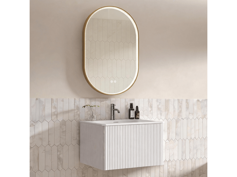  Ensemble meuble vasque avec miroir led suspendu 60 cm - miroir ovale 50 x 80 cm antibuée  - Conforama D