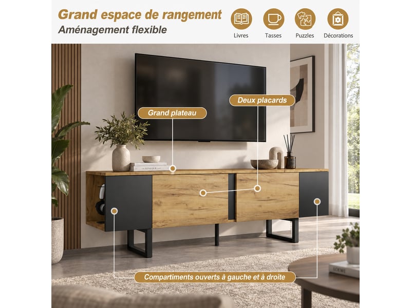  Meuble tv 180 cm décor bois et noir avec 2 portes, niches latérales et charnières soft-close, pour tv 75 pouces  - Conforama B