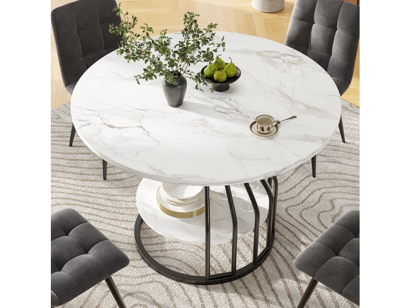  Table à manger ronde 80 x 80 x 76 cm, mdf effet marbre, rangement, noire  - Conforama D