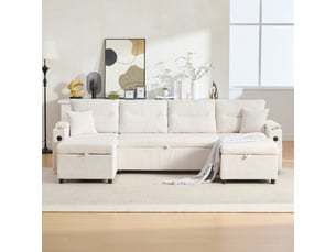 Canapé d'angle panoramique convertible <strong>DESMIU</strong> <strong></strong> 4 places Velours côtelé beige avec coffre de rangement