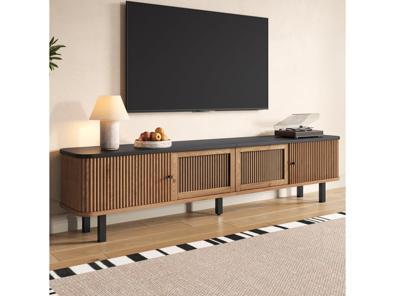 Meuble tv 190x35x45 cm, portes coulissantes, grand rangement, lowboard moderne, meuble multimédia, mdf et pb pour salon - chêne - Conforama B