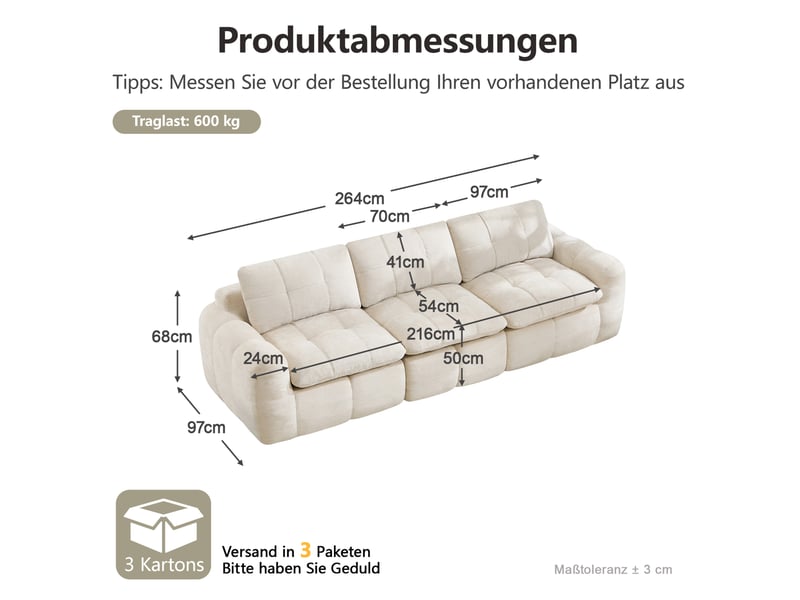  Canapé modulaire 3 places sans cadre, matelassé, assise ergonomique et coussins épais en chenille beige  - Conforama C