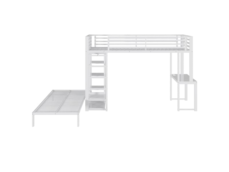  Lit mezzanine 2 places 90x200 cm avec bureau, étagères et rangement blanc  - Conforama E