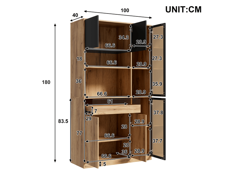 Buffet haut de cuisine 100 x 40 x 180 cm effet bois et noir, 6 portes dont 2 vitrées, tiroir, led par application et étagères, pour cuisine et séjour - Conforama D