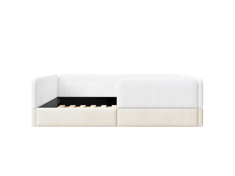  Lit rembourré blanc 90x200 cm en velours et pu avec barrières de protection, 4 poches de rangement et sommier à lattes  - Conforama E