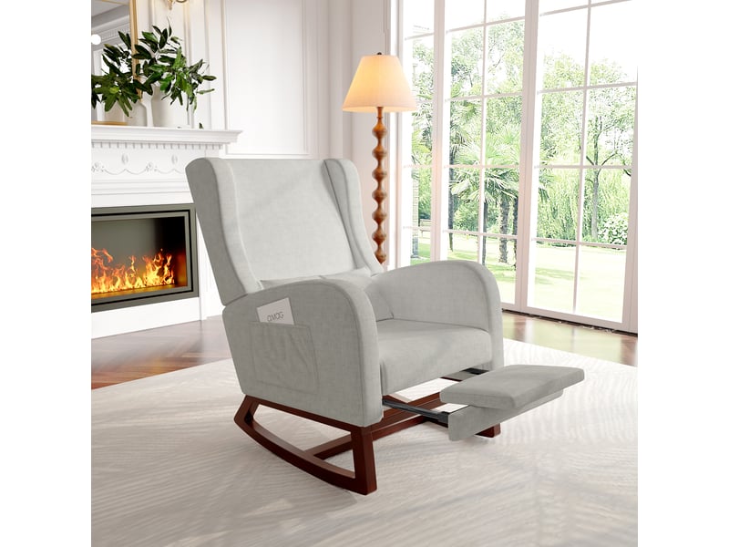  Fauteuil à bascule avec repose-pieds, chaise d'allaitement avec poche latérale, rocking chair avec pieds en bois massif pour salon, chambre, gris  - Conforama R