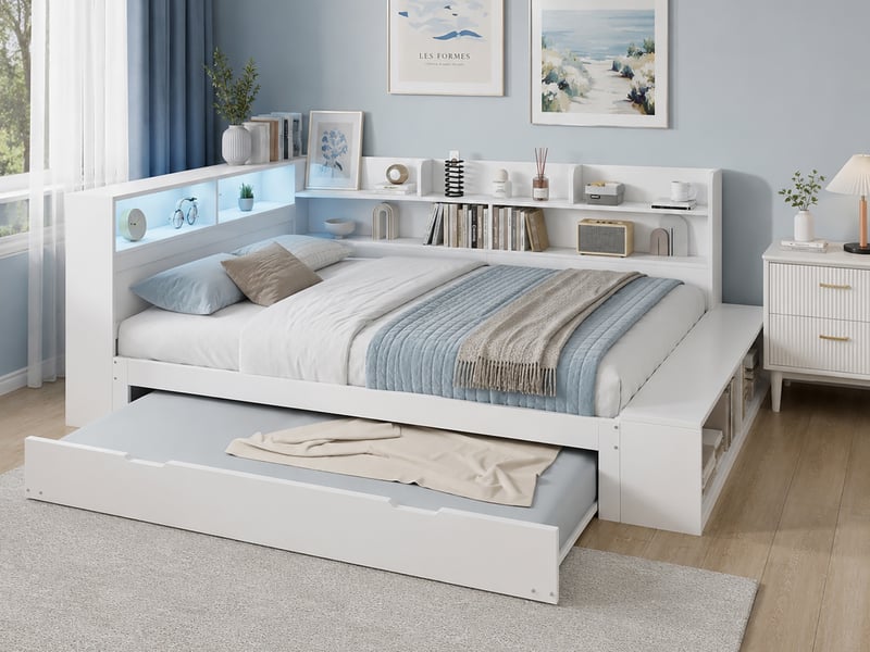  Lit gigogne 120 × 200 cm, couchage 90 × 190 cm extractible, led, prise et banc avec niches, en pin et panneaux, blanc  - Conforama B