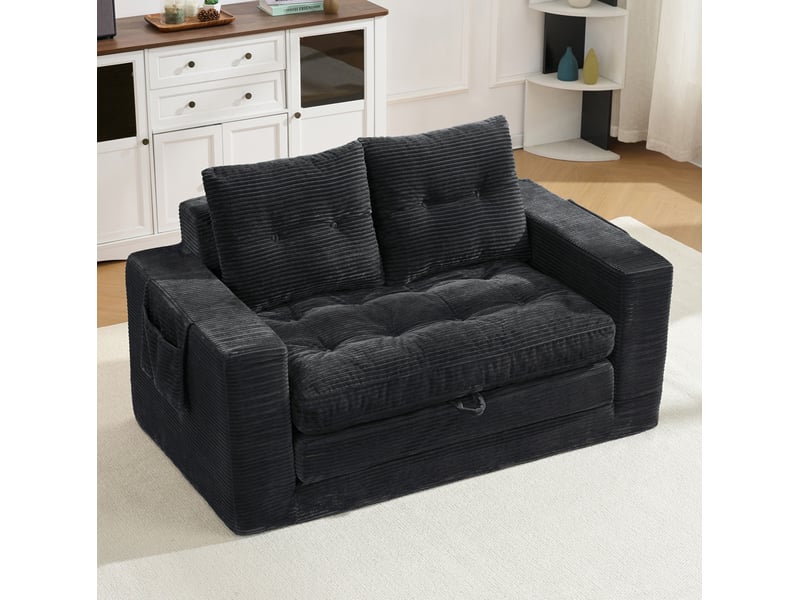  Canapé convertible 2 places avec couchage d'appoint, poches latérales et accoudoirs larges en velours côtelé noir  - Conforama B