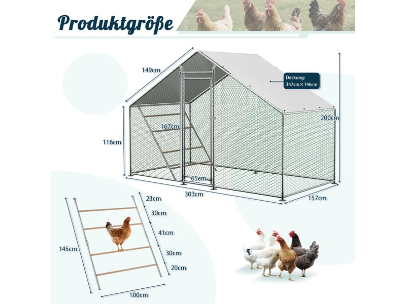  Enclos à volailles 303x157x200 cm – gris – toit pe, porte verrouillable, échelle et grillage sécurisé  - Conforama C