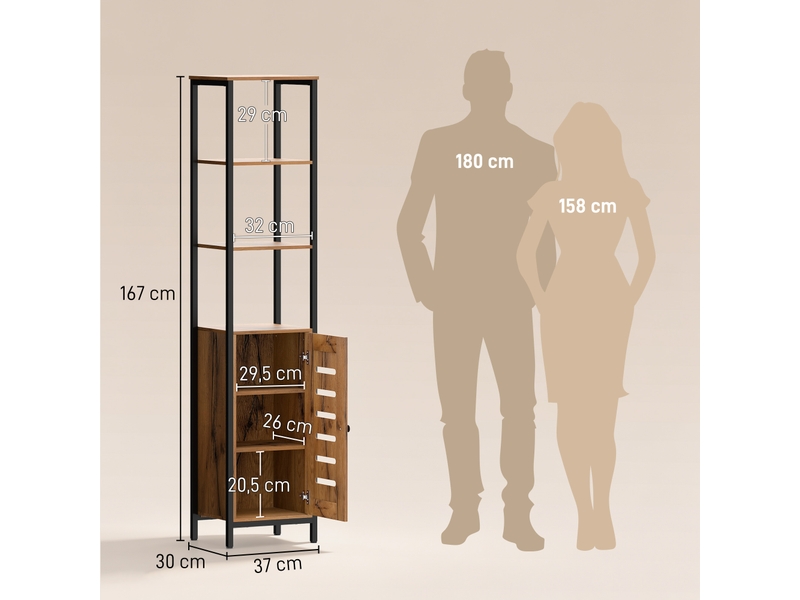  Meuble colonne de salle de bain industriel 3 étagères ouvertes porte à lamelles réglables étagères marron rustique  - Conforama C