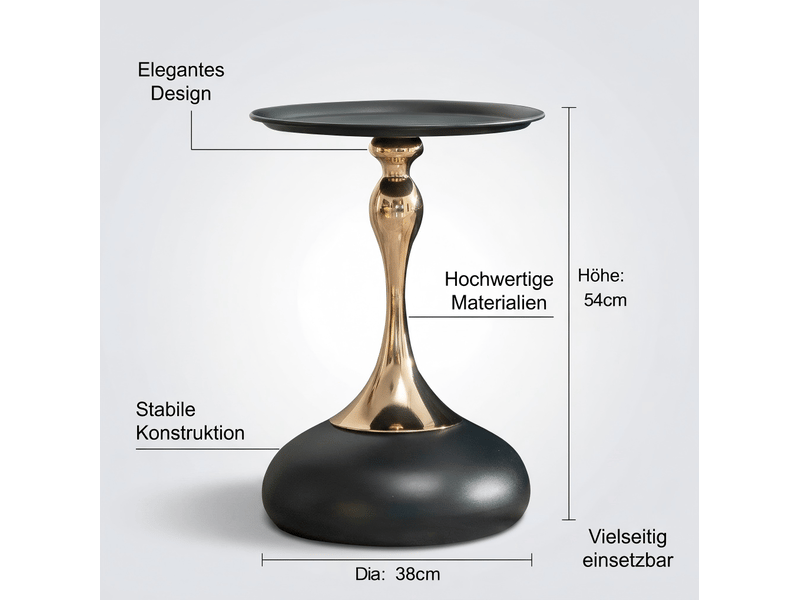 Table d’appoint ronde avec plateau et base en métal, format compact pour salon, chambre ou bureau, noir et doré  - Conforama E