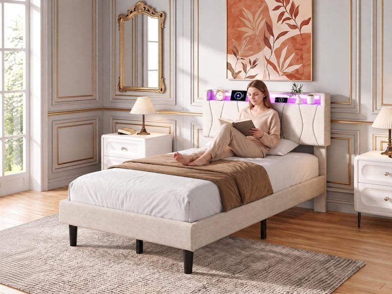  Lit simple 90×200 – lit adulte –  tête à tablette – éclairage led rgb – ports usb et type‑c –  sommier à lattes – lin beige  - Conforama D