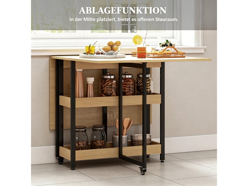 Table à manger pliable à roulettes pour 4 personnes avec rangements ouverts - Conforama D