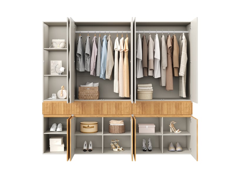  Armoire de chambre chêne clair 225x200 cm avec 10 portes battantes, 3 tiroirs et 2 penderies  - Conforama A
