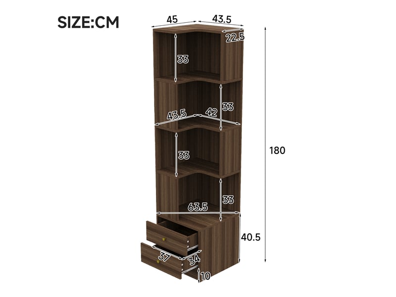  Étagère d’angle en l multifonction, marron, 45 × 43,5 × 180 cm, éclairage contrôlable par appli  - Conforama C