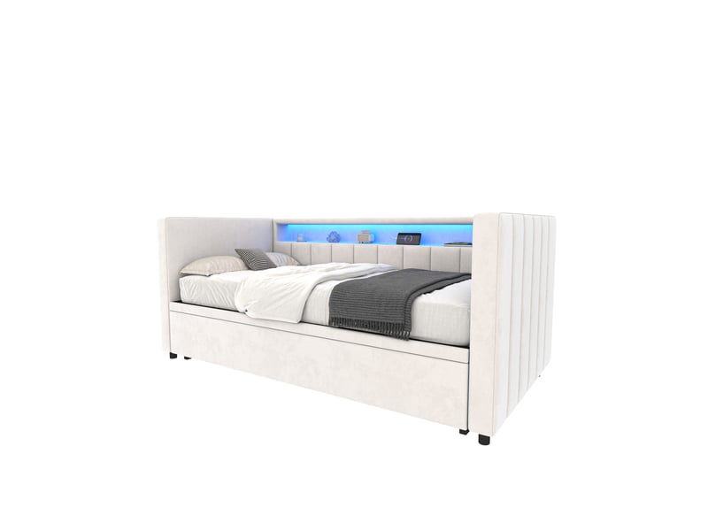  Lit gigogne 90x190 cm beige avec rangement, led et port usb type-c, design capitonné en velours  - Conforama A