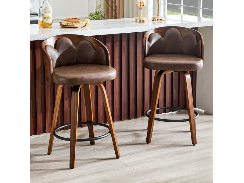  Lot de 2 tabourets de bar avec dossier fleur, assise rembourrée et repose-pieds, en bois et pu marron  - Conforama C