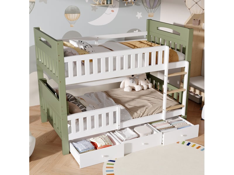 Lit superposé enfant 90x200 cm avec échelle, 3 tiroirs, bois et mdf, couleur blanc et vert sans matelas, design simple - Conforama D