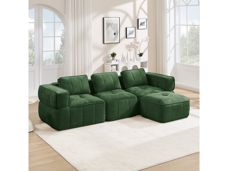 Canapé modulable, canapé 3 places, en tissu, vert, avec pouf, pour salon, mobilier pour espace de vie, adapté à l'espace de vie - Conforama R