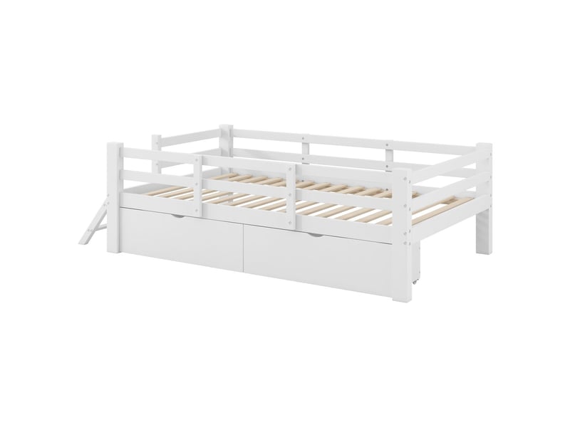  Lit simple 90 x 200 cm lit plateforme en bois barrière de protection 2 tiroirs de rangement finition blanche  - Conforama A