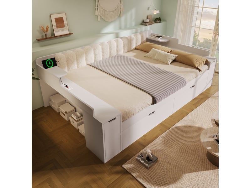  Lit jeune 2 places 140x190 cm gigogne avec rangement, pour chambre, en mdf et métal, contemporain, blanc, sans matelas  - Conforama E