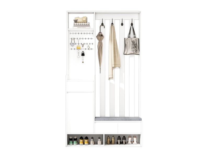  Meuble d'entrée avec banc rembourré, 4 crochets, tiroir, placard et panneau perforé en mdf blanc 100 × 35 × 180 cm  - Conforama A