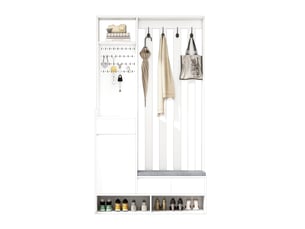 Meuble d'entrée avec banc rembourré, 4 crochets, tiroir, placard et panneau perforé en mdf blanc 100 × 35 × 180 cm