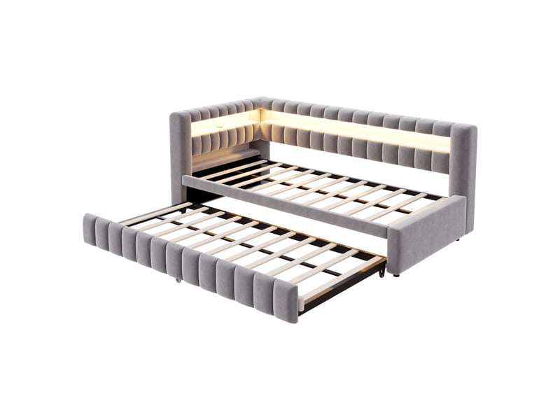  Lit capitonné, lit enfant 90x200 cm, canapé-lit extensible, led, usb, velours gris clair, réf. 422aag  - Conforama B