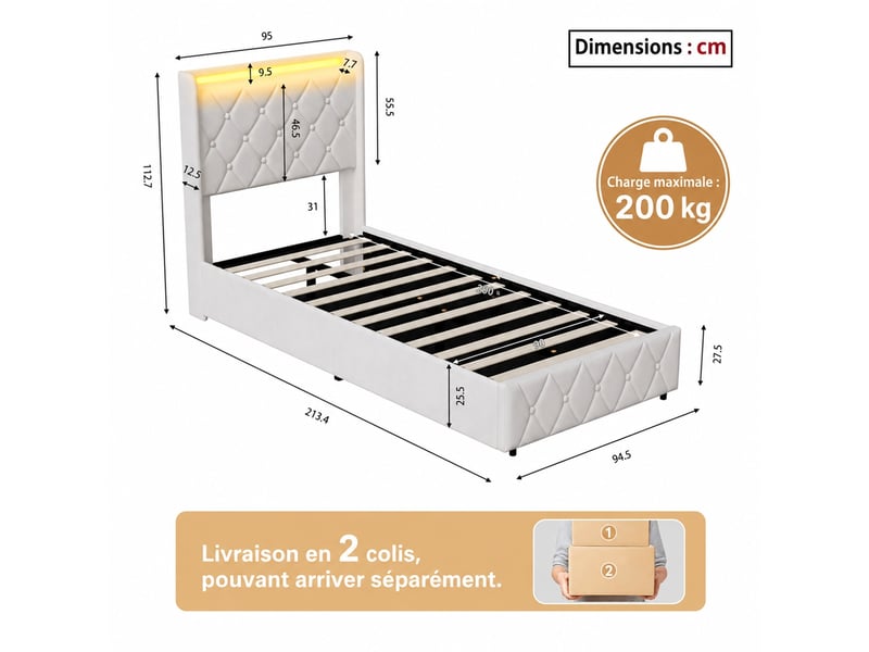 Lit coffre 90x200 cm avec led et usb, lit simple capitonné avec rangement hydraulique, lit 1 place avec sommier à lattes, lit adulte avec tête de lit rembourrée, velours blanc - Conforama C