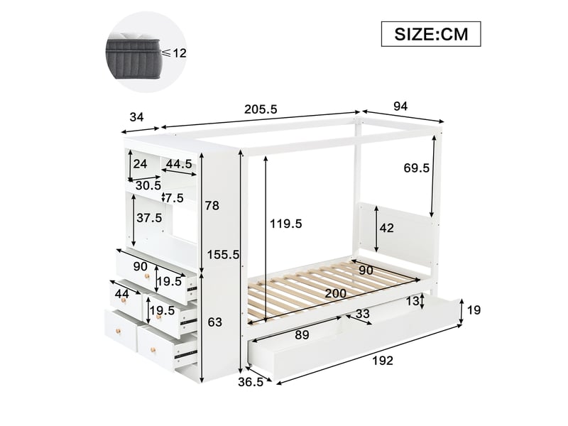  Lit enfant 90x200 cm avec barrière, rangement à 5 tiroirs et tiroir roulettes, blanc  - Conforama C