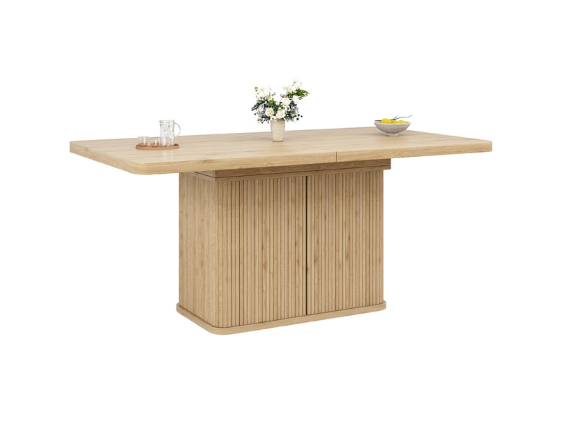  Table de salle à manger extensible avec rangement caché et plateau rabattable, décor bois clair 140 × 80 × 76,5 cm  - Conforama A