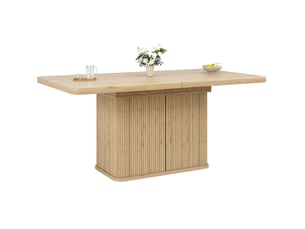 Table de salle à manger extensible avec rangement caché et plateau rabattable, décor bois clair 140 × 80 × 76,5 cm