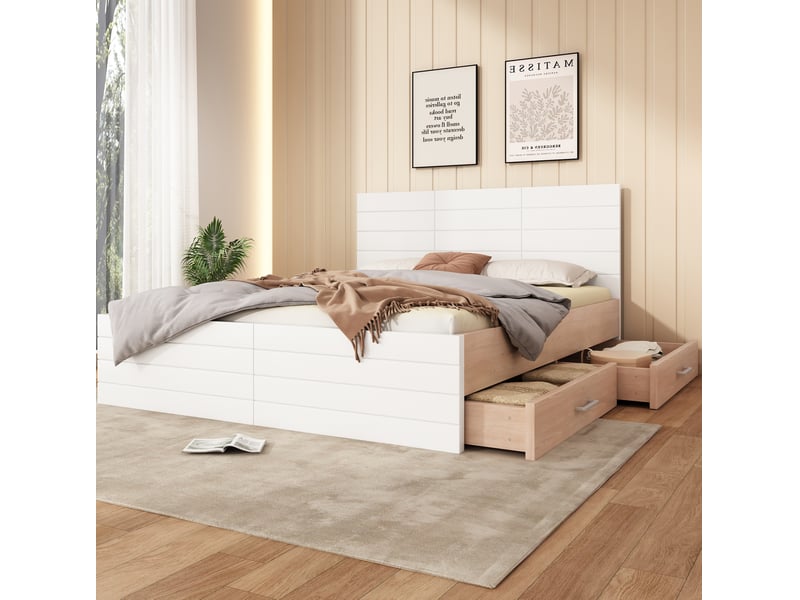  Lit double 160x200 cm avec 2 tiroirs, cadre de lit, bois + mdf, blanc et chêne clair sans matelas  - Conforama D