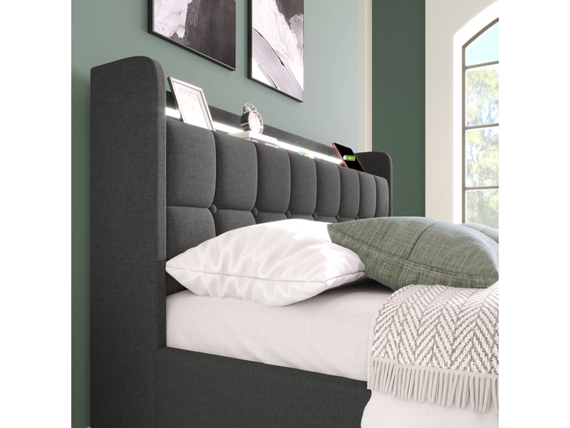  Lit 1 personne 90x200 cm avec matelas et 2 tiroirs, tête de lit avec usb et led, lit enfant avec sommier à lattes en bois, gris  - Conforama D