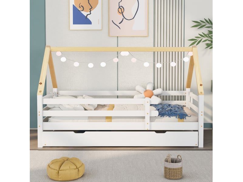 Lit cabane gigogne 90x200 cm avec roulettes bois blanc sans matelas  - Conforama E