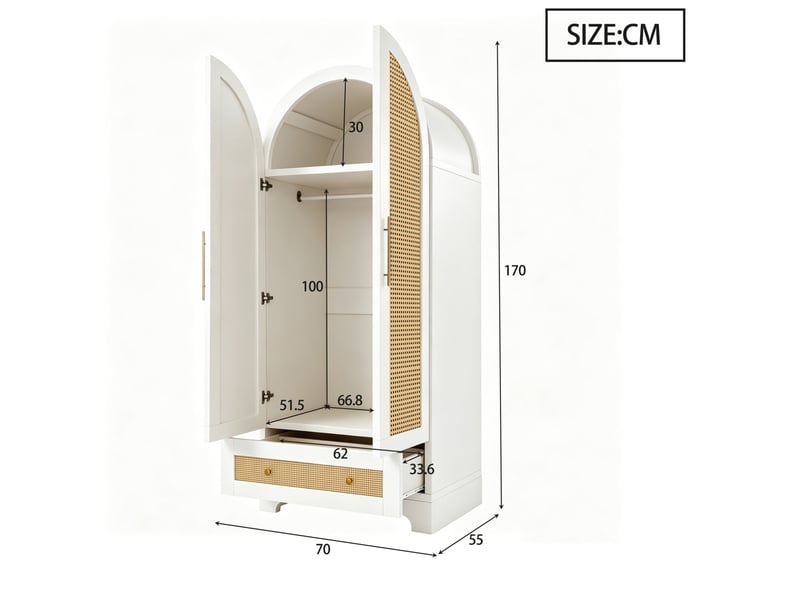  Armoire 2 portes 70 x 55 x 170 cm avec 2 tiroirs, portes effet rotin blanches  - Conforama C